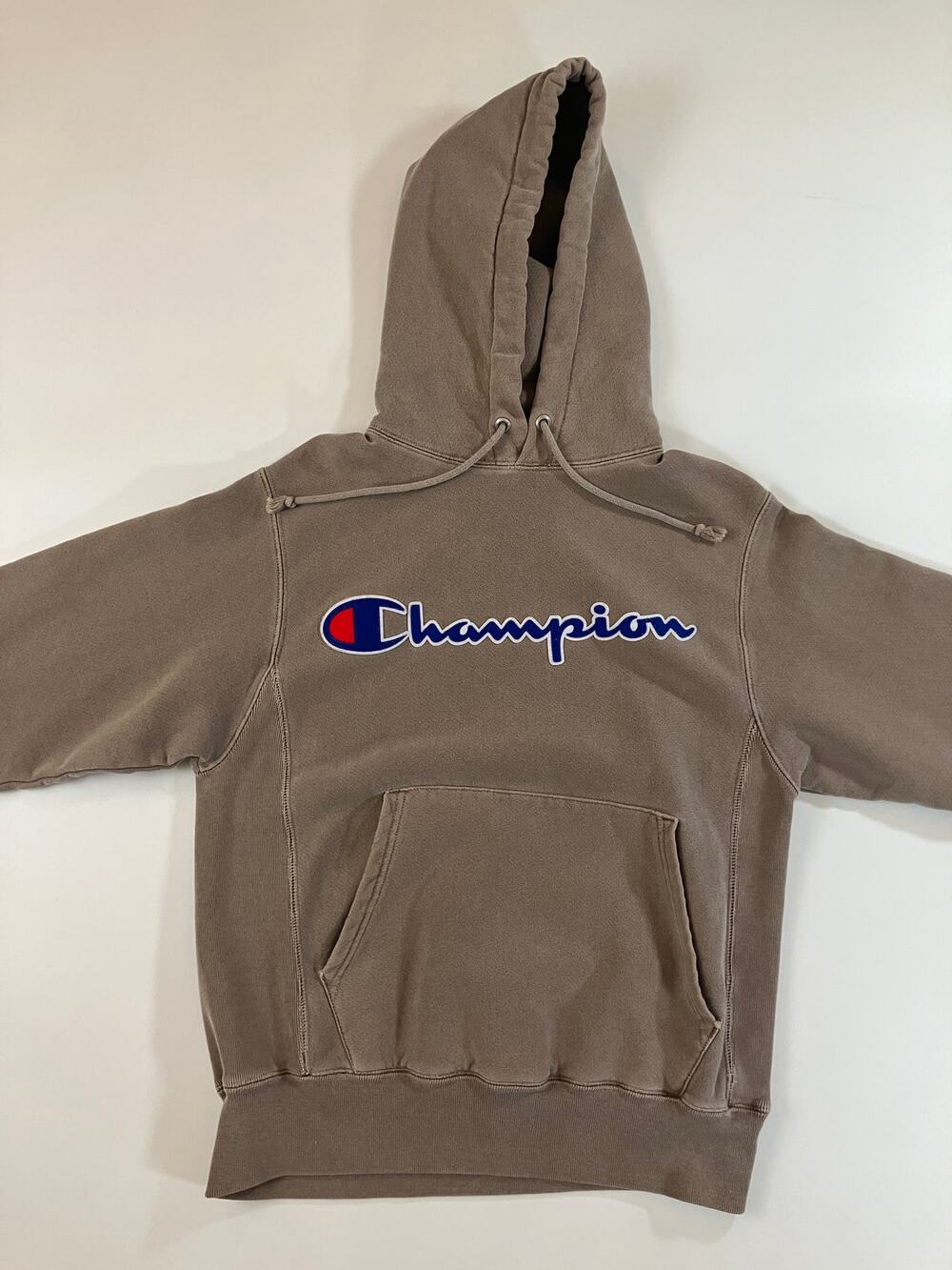 Champion Reverse Weave Hoodie Men S Brown Taupe Script Logo Heavyweight Pullover